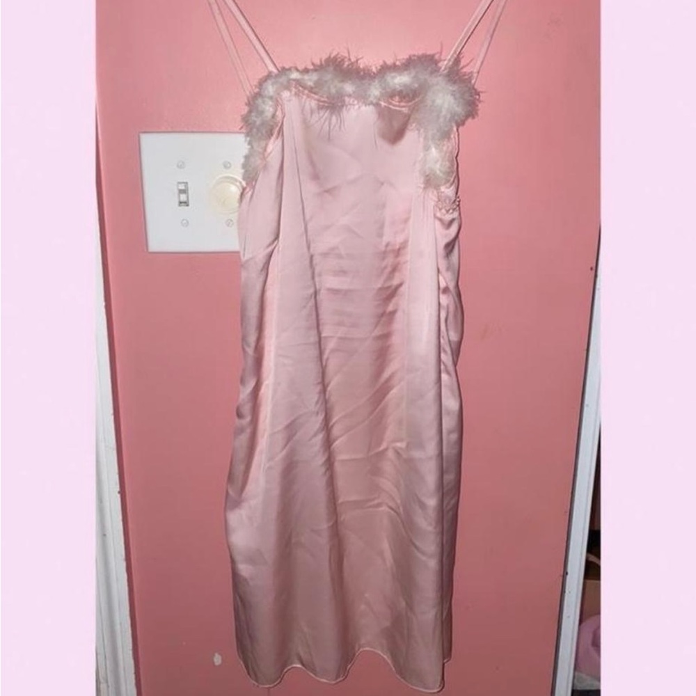 💗Pink satin nightgown with fluff teddy babydoll
